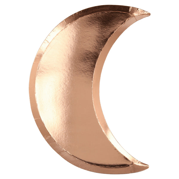 Shiny high quality copper foil  plates in the shape of a crescent moon, perfect for Halloween decor or space themed parties. Pack of eight plates.