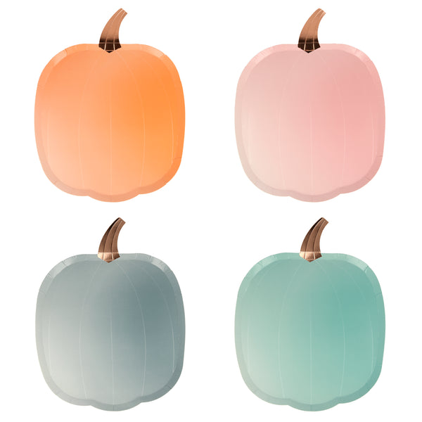 Pumpkin shaped plates printed with a beautiful ombré shade, packed in a package of eight plates in four designer shades, orange, rose pink, french blue and mint all enhanced with a shiny gold foil stem.