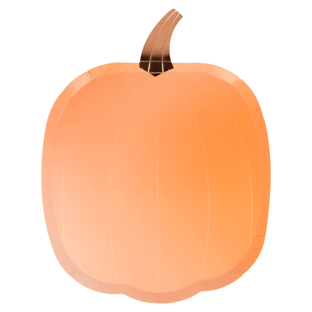 Pumpkin shaped paper party plates printed with an ombre shade in a pack of eight plates in four assorted colors, rose pink, orange, mint green and french blue.