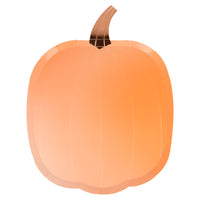 Pumpkin shaped paper party plates printed with an ombre shade in a pack of eight plates in four assorted colors, rose pink, orange, mint green and french blue.