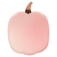 Rose pink pumpkin paper party plates in a pack of eight in four assorted colors and enhanced with a shiny gold foil stem. Rose pink, french blue , mint green and orange