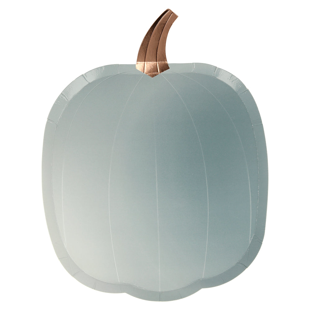 French blue ombre print on a pumpkin shaped plate, enhanced with a shiny gold foil stem.  Pack of eight plates in four designer colors, rose pink, orange, french blue and mint green