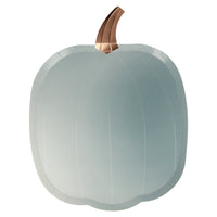 French blue ombre print on a pumpkin shaped plate, enhanced with a shiny gold foil stem.  Pack of eight plates in four designer colors, rose pink, orange, french blue and mint green