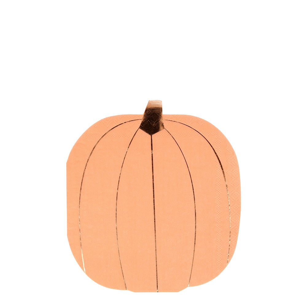 Pastel orange pumpkin shaped napkin with shiny copper foil stem and lined on pumpkin. Pack of sixteen napkins