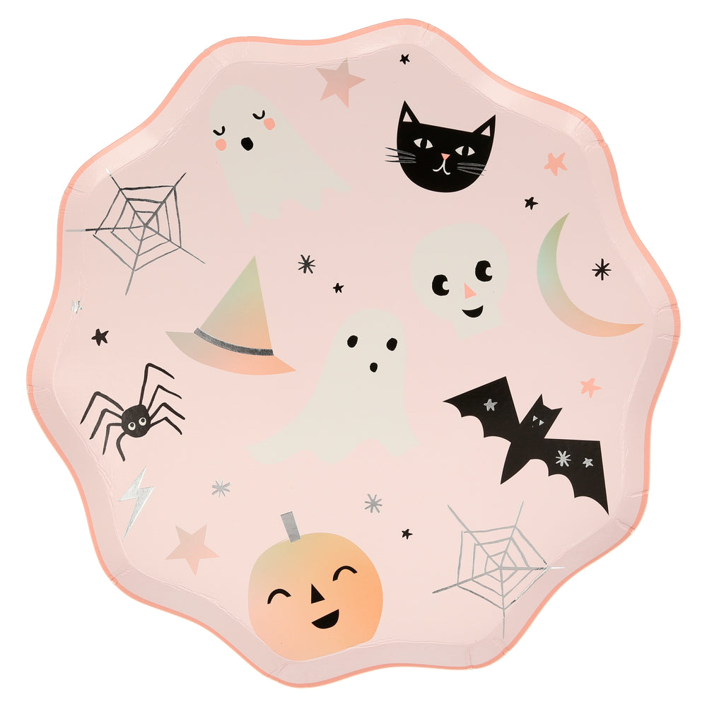 Pastel pink plate with a peach trim on the scalloped edge, each plate includes Halloween themed icons including two ghosts, a bat, a cat, spider and web, witches hat, moon stars and smiley pumpkin. These plates are high quality and festive. Package of eight plates
