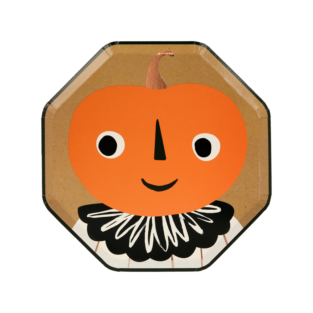Vintage illustration of a pumpkin head with eyes , decorative collar and copper foil stem and printed on an octagonal shaped plates.