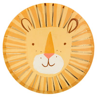 Round paper party plates with a beautifully illustrated lion head on the front, lions mane is highlighted with gold foil details, back of plate is printed with solid tan color
