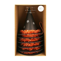 Package of six Halloween witch party hats. Black hat with silver glitter stars and bright orange & peach tissue paper festooning.