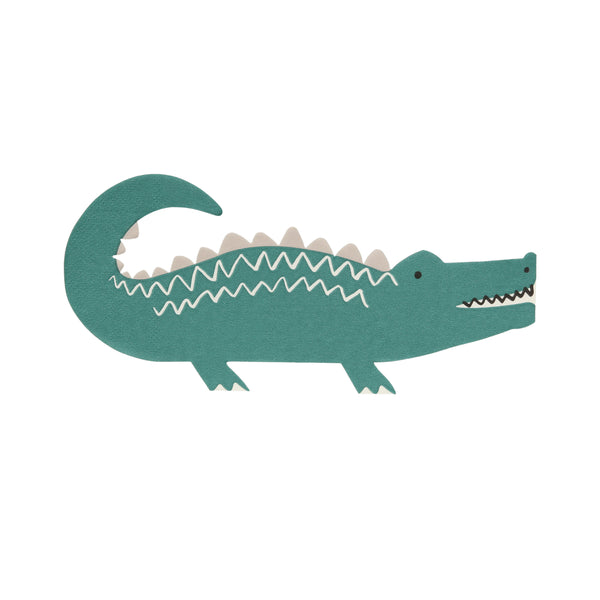 Crocodile napkins, die-cut into the shape of a crocodile and printed in green with off-white details to illustrate scales, black dots for eyes, nose and black zig-zag teeth details. 3 ply sustainable FSC paper. Folded dimensions 7.75 x 3.625 inches