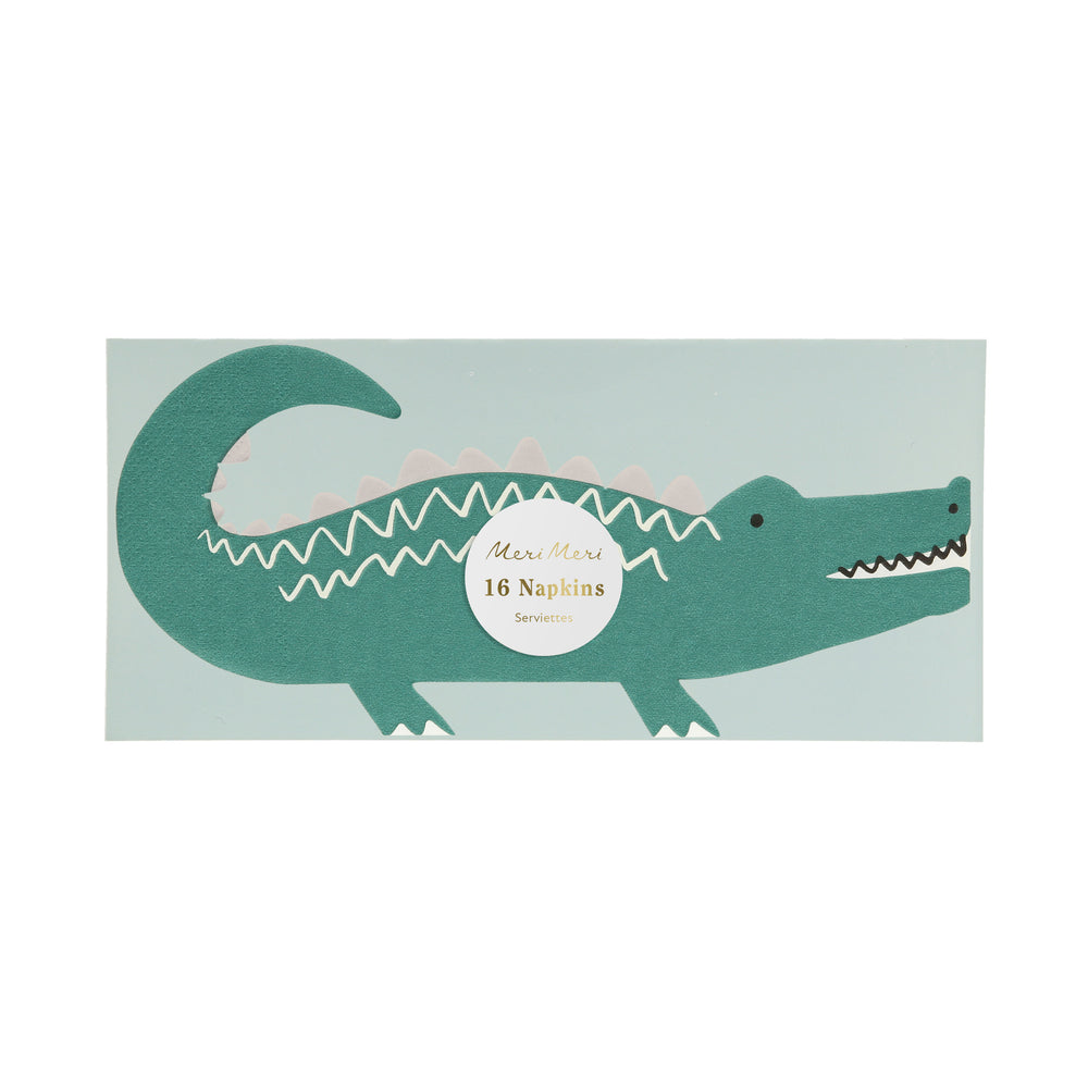 Crocodile napkins shown in clear cello packaging. Pack of 16 / 3 ply FSC sustainable paper