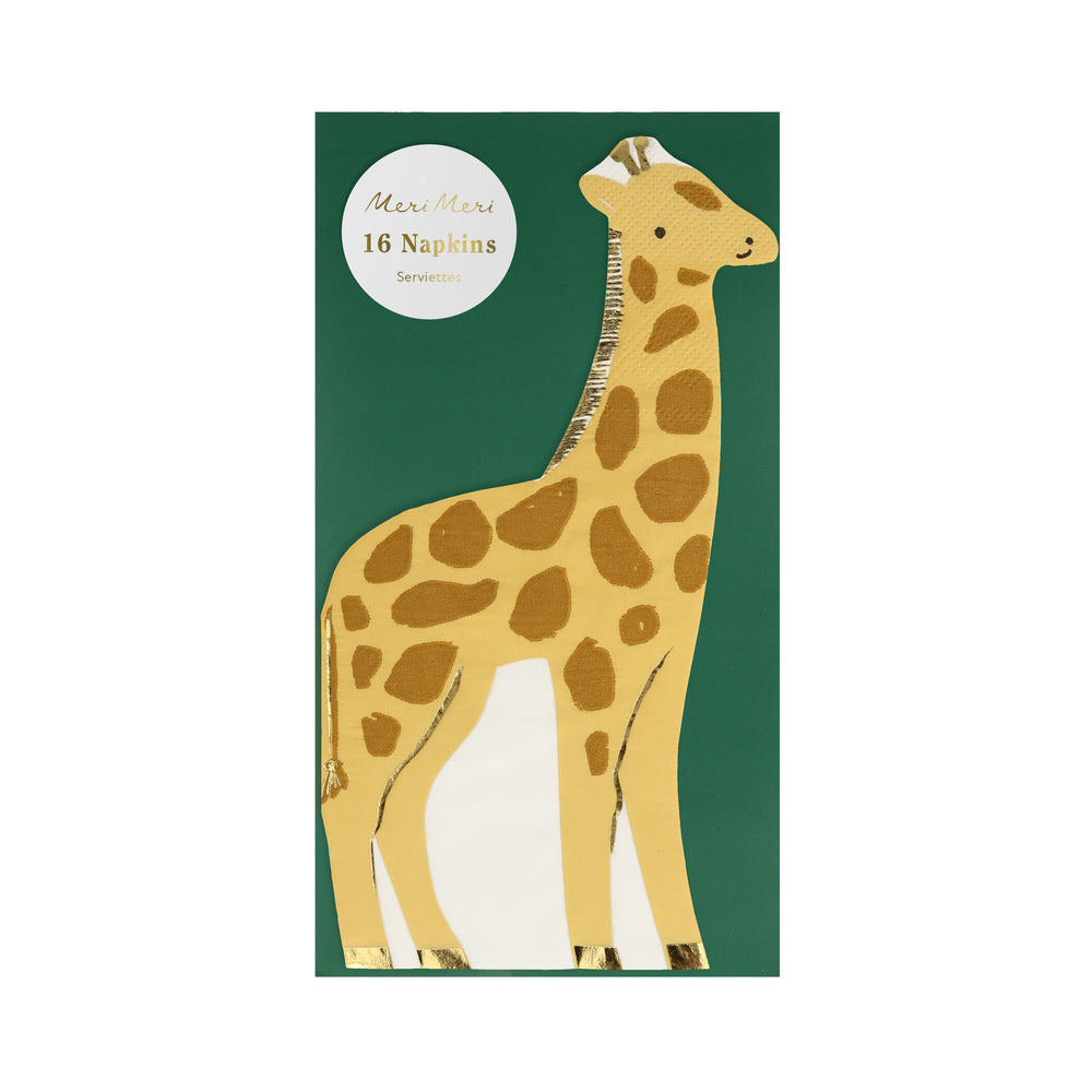 Giraffe paper party napkins packaged in a clear cello. Gold giraffes with brown spots with embossed gold foil details.
