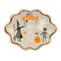 Package of eight Halloween Plates in an oval shape with a scalloped edge. Features a witch, skeleton, ghost, cat, pumpkin & spider.