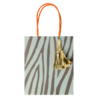 Zebra print inn mint green and black stripes party bag with a gold Mylar tassel. Pack of 8 in 4 designs