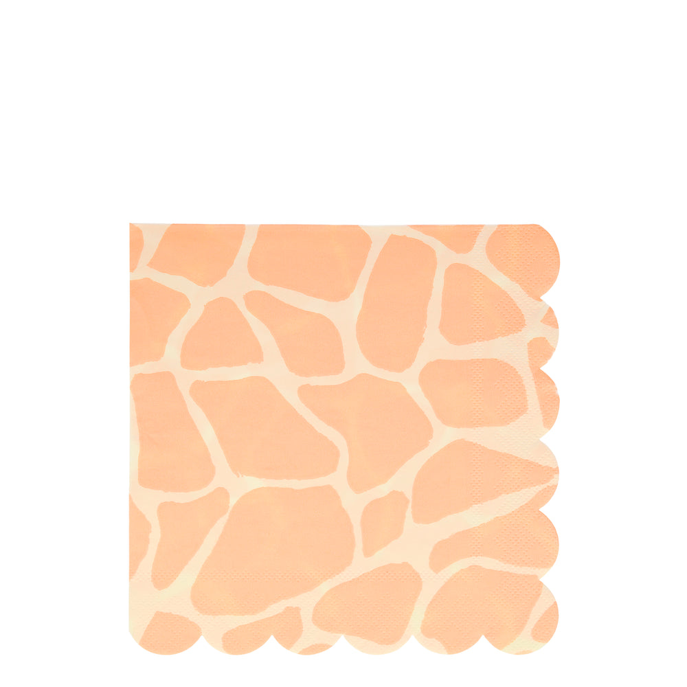 Giraffe print paper party napkins with a scalloped edge. Available in a pack of 16 in 4 designs. Lunch size
