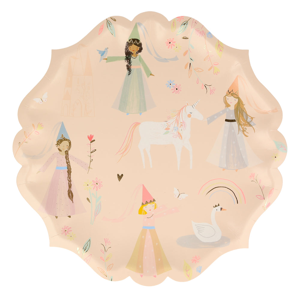 Charming princess plates featuring four beautifully illustrated princess’s , swan , unicorn, bird & butterflies and enhanced with gold foil details