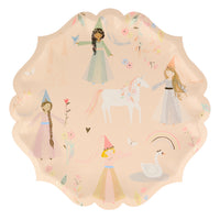 Charming princess plates featuring four beautifully illustrated princess’s , swan , unicorn, bird & butterflies and enhanced with gold foil details