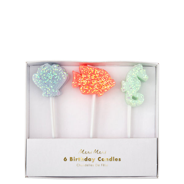 Sea Creature glitter candles includes blue seashell, coral colored fish and  mint green seahorse, all sea creatures are enhanced with sparkly glitter two of each for a set of six candles by Meri Meri 