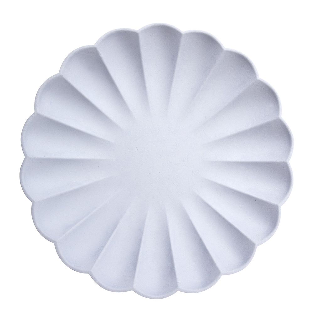 these large dinner size periwinkle eco-friendly plates are made from the pulp of bamboo, wood fiber, sugarcane, and are colored with water-based inks. Also available in lunch or dessert size .