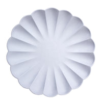 these large dinner size periwinkle eco-friendly plates are made from the pulp of bamboo, wood fiber, sugarcane, and are colored with water-based inks. Also available in lunch or dessert size .