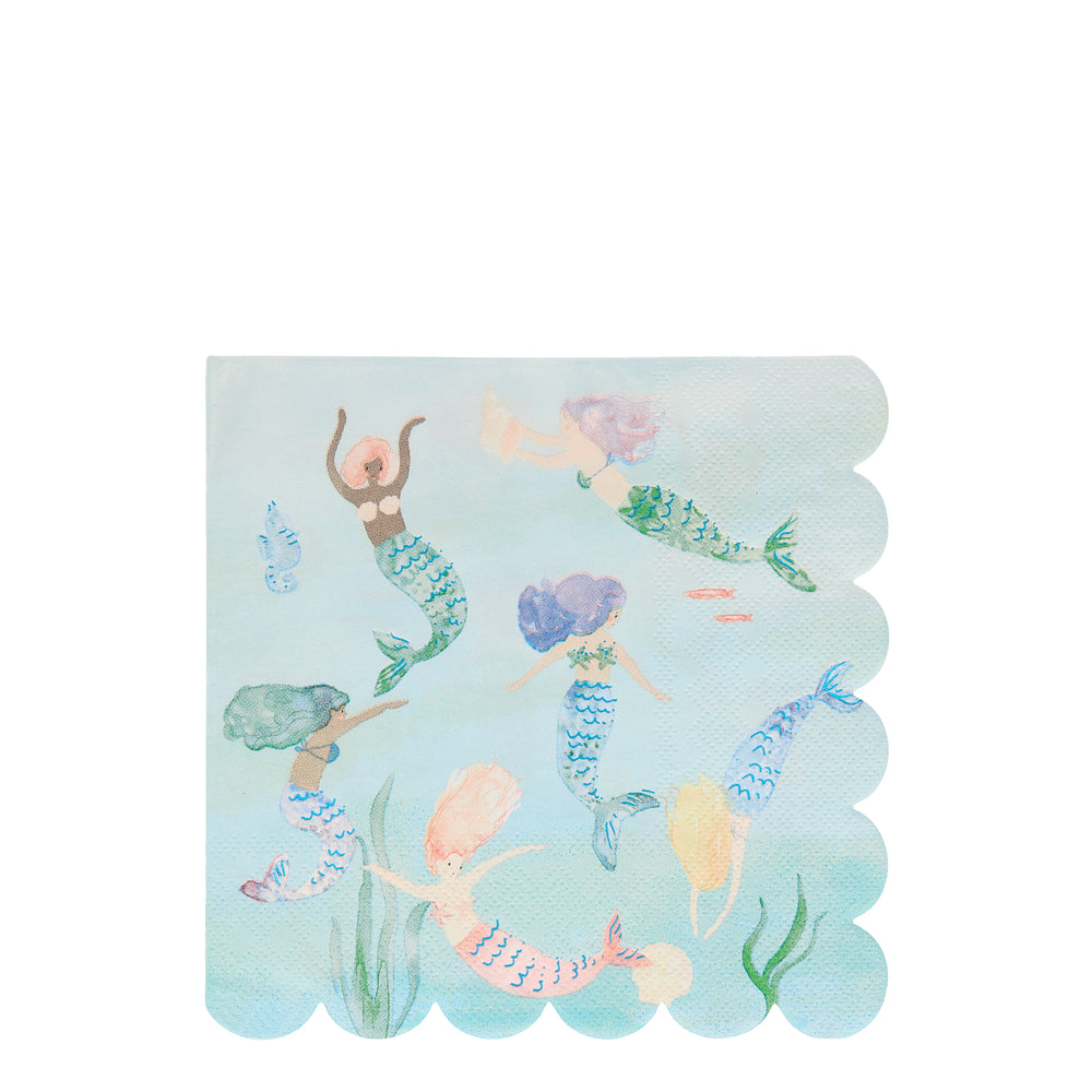mermaids swimming under-the-sea printed illustration on paper large lunch napkins, featuring six pretty mermaids, fish, seahorse, seaweed enhanced with blue foil details . Perfect for under-the-sea or mermaid themed parties