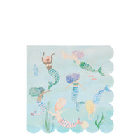 mermaids swimming under-the-sea printed illustration on paper large lunch napkins, featuring six pretty mermaids, fish, seahorse, seaweed enhanced with blue foil details . Perfect for under-the-sea or mermaid themed parties