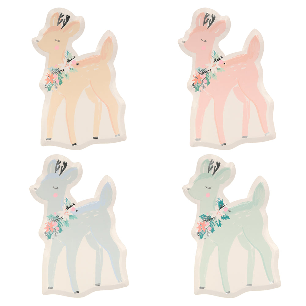 Lovely pastel Deer Plates will enchant your guests. Die cut, beautifully crafted, and appointed with silver details. Made from eco-friendly paper. Pack of 8 in 4 pastel design colors of blue, green, peach, and pink. Product dimensions: 6.875 by 10.75 by 0.25 inches.