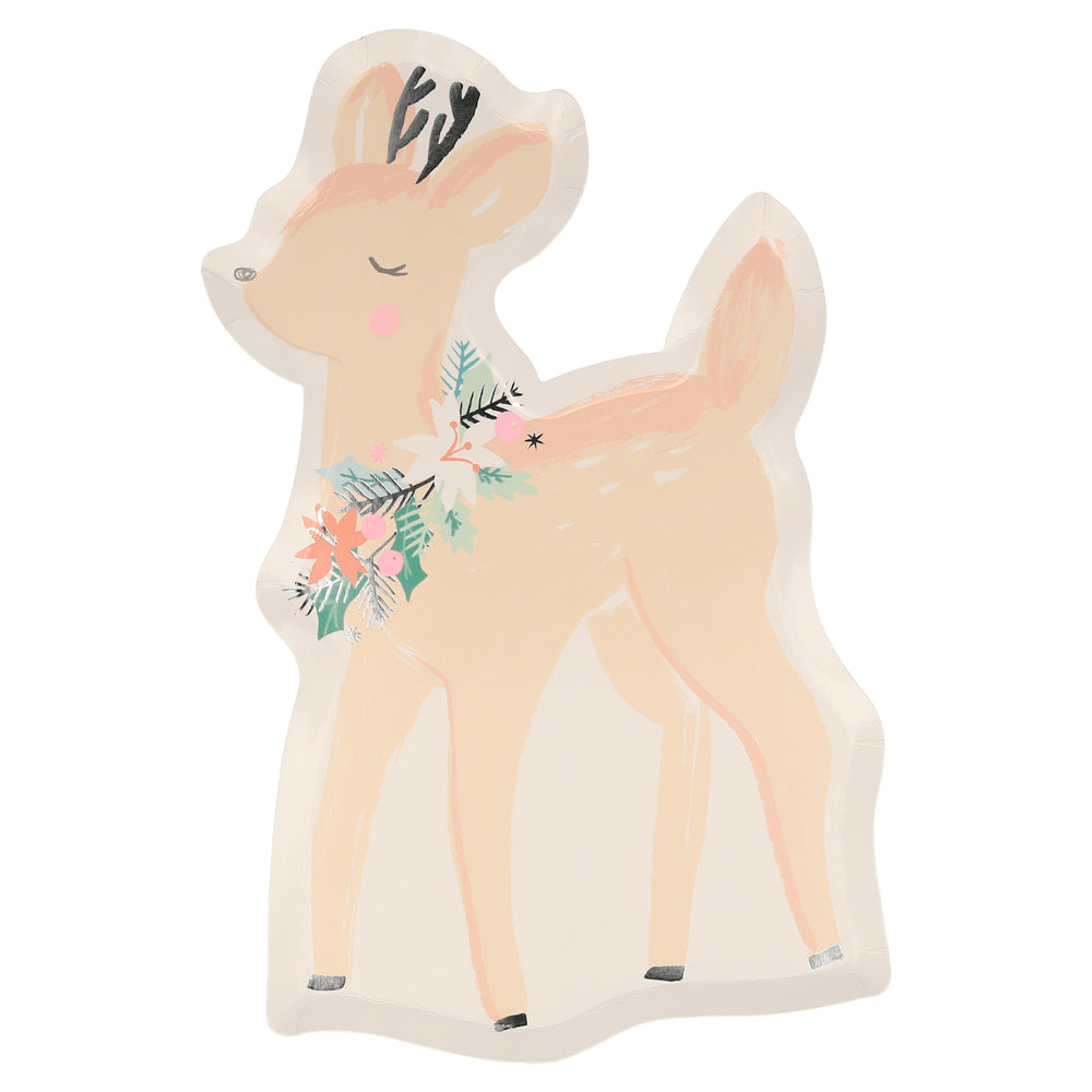 Example of pastel peach die cut Deer Plate, beautifully crafted, and appointed with silver details. Made from eco-friendly paper. Pack of 8 in 4 pastel design colors of blue, green, peach, and pink. Product dimensions: 6.875 by 10.75 by 0.25 inches.