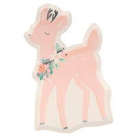 Example of pastel pink die cut Deer Plate, beautifully crafted, and appointed with silver details. Made from eco-friendly paper. Pack of 8 in 4 pastel design colors of blue, green, peach, and pink. Product dimensions: 6.875 by 10.75 by 0.25 inches.