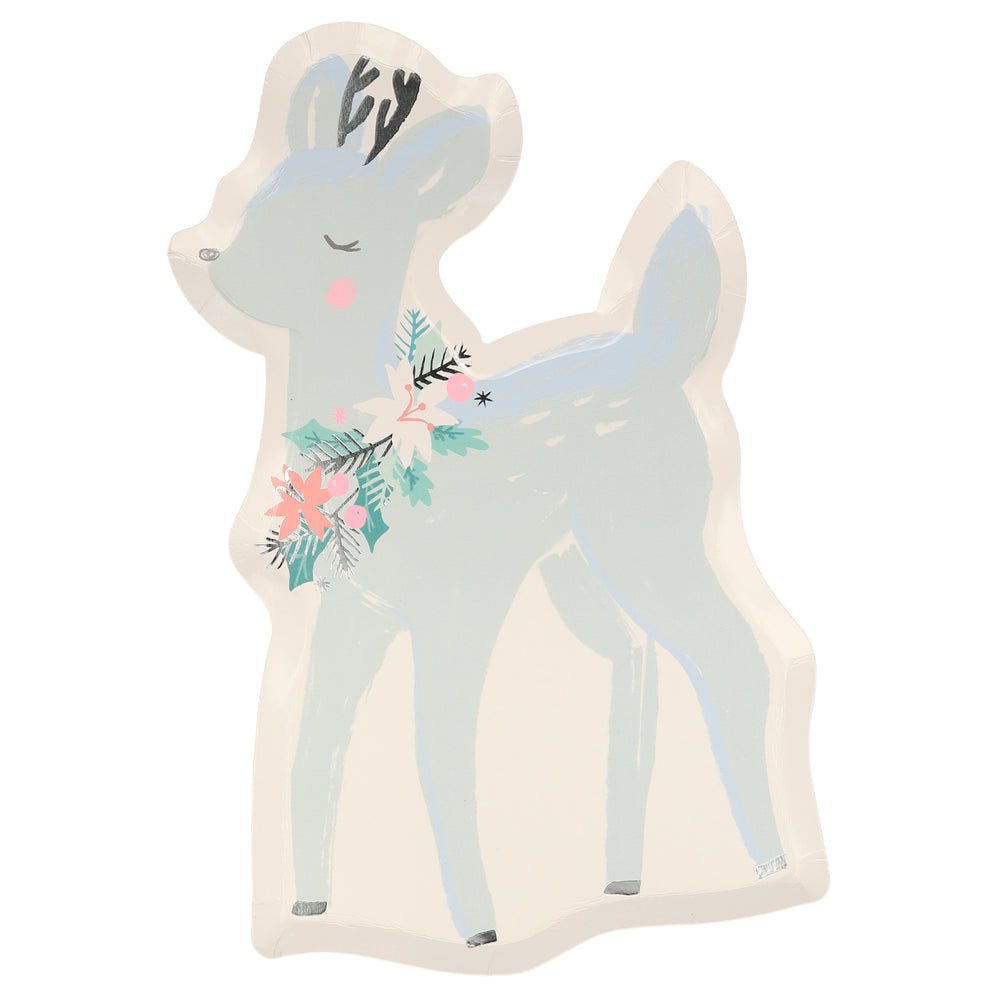 Example of pastel blue die cut Deer Plate, beautifully crafted, and appointed with silver details. Made from eco-friendly paper. Pack of 8 in 4 pastel design colors of blue, green, peach, and pink. Product dimensions: 6.875 by 10.75 by 0.25 inches.