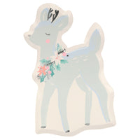 Example of pastel blue die cut Deer Plate, beautifully crafted, and appointed with silver details. Made from eco-friendly paper. Pack of 8 in 4 pastel design colors of blue, green, peach, and pink. Product dimensions: 6.875 by 10.75 by 0.25 inches.