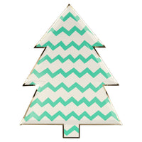 Pale green and white horizontal rickrack design colorful die cut plate in a Christmas tree shape, one design of eight. Pack of eight, in eight different colors, including greens, reds, blues, and gold, and designs, including stripes, stars, diamonds, and circles, all with a shiny gold foil border for a stylish touch. Made from eco-friendly paper Product dimensions: 8 by 10.25 by 0.25 inches.
