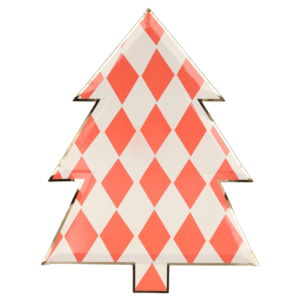 Orange and white diamond design colorful die cut plate in a Christmas tree shape, one design of eight. Pack of eight, in eight different colors, including greens, reds, blues, and gold, and designs, including stripes, stars, diamonds, and circles, all with a shiny gold foil border for a stylish touch. Made from eco-friendly paper Product dimensions: 8 by 10.25 by 0.25 inches.