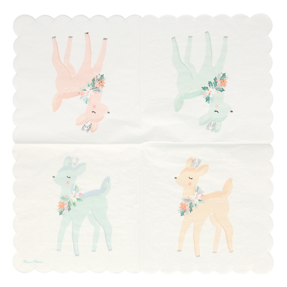 Darling Pastel Deer Napkins open out to reveal 4 reindeer, shown here in pastel shades of blue, pink, peach, and green. Delicate silver details and a die cut scalloped edge. Made from eco-friendly paper. Pack of 16. Folded dimensions: 5 by 5 inches.