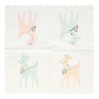Darling Pastel Deer Napkins open out to reveal 4 reindeer, shown here in pastel shades of blue, pink, peach, and green. Delicate silver details and a die cut scalloped edge. Made from eco-friendly paper. Pack of 16. Folded dimensions: 5 by 5 inches.