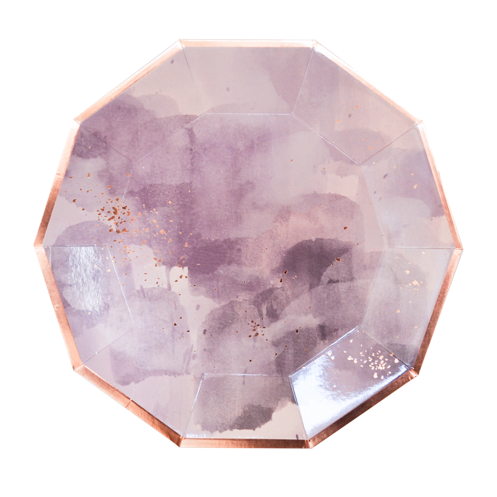 Harlow & Grey Amethyst Collection large dinner plate. These plates are light pink decorated with watercolor brush strokes in various shades of purple and enhanced with a vibrant rose gold highlights and trim border. Premium quality paper disposable dinner and party ware for a modern and sophisticated event. Pack of 8 plates, 9.75 inches diameter