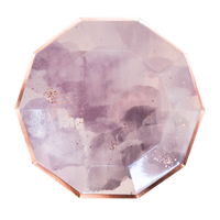 Harlow & Grey Amethyst Collection large dinner plate. These plates are light pink decorated with watercolor brush strokes in various shades of purple and enhanced with a vibrant rose gold highlights and trim border. Premium quality paper disposable dinner and party ware for a modern and sophisticated event. Pack of 8 plates, 9.75 inches diameter