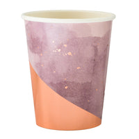 light pink paper party cup with a gradient purple watercolor print and vibrant rose gold foil highlights, for use with hot and cold beverages nine ounces in a package of eight cups