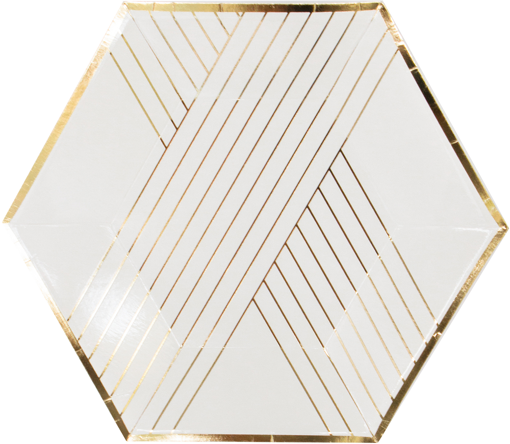 white plates with metallic gold stripes and trim on a hexagon shaped plate