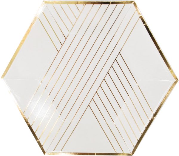 white plates with metallic gold stripes and trim on a hexagon shaped plate
