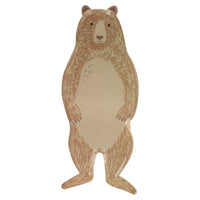big bear plates made of eco friendly natural brown paper die-cut into the shape of a tall bear. Kraft color plate with a brown printed bear standing in an upright position, perfect for use as a plate or tray for snacks sold in a set of eight per pack