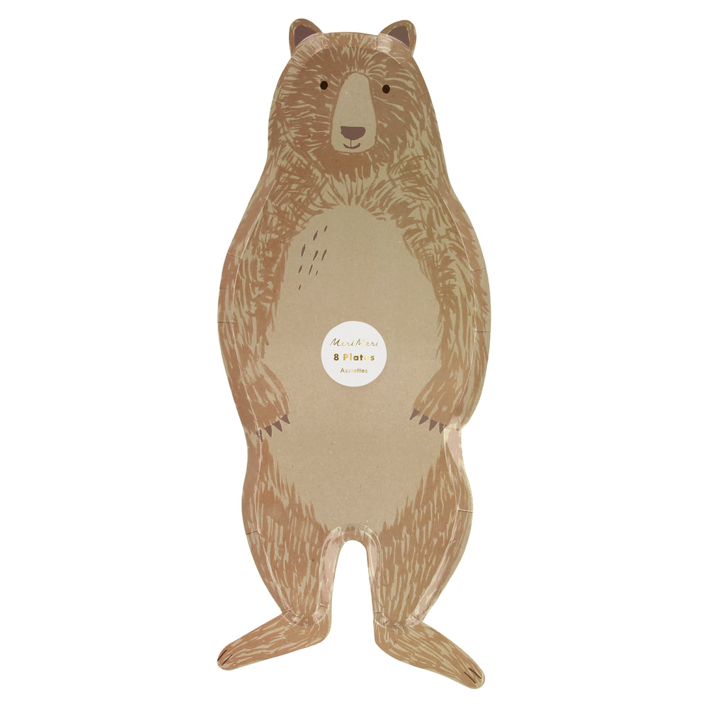 pack of eight plates die-cut into the shape of an adorable standing upright furry and smiling bear, perfect for plates or as a serving tray for snacks.