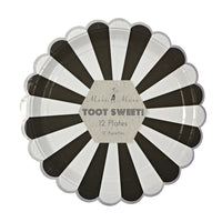 9 inch diameter black and white stripe paper party plates packaged  in a set of 12 plates by Meri Meri