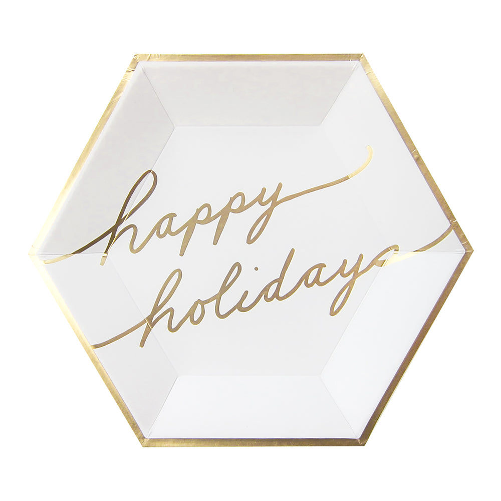 holiday plates in pure white with a " happy holidays" in gold script printed in the center of plate, these plates are festive and elegant. Coordinating Blanc Holiday collection cocktail napkins available