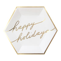 holiday plates in pure white with a " happy holidays" in gold script printed in the center of plate, these plates are festive and elegant. Coordinating Blanc Holiday collection cocktail napkins available