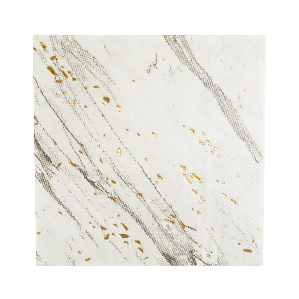 white marble print napkins will add a luxe look to your tabletop or buffet station. white with shades of grey veining and enhanced with specs of shiny gold foil deatils.