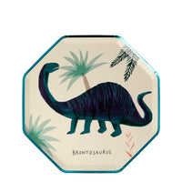 Brontosaurus plate perfect for appetizers and deserts. Pack of 8 assorted dinosaur plates