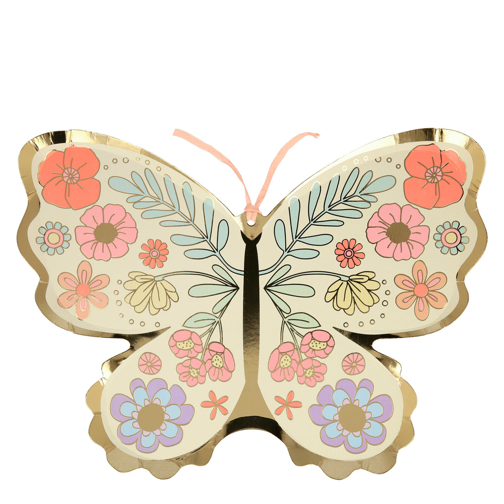 paper party plates die-cut into the shape of a butterfly with a beautiful boho inspired floral print.