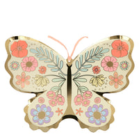 paper party plates die-cut into the shape of a butterfly with a beautiful boho inspired floral print.