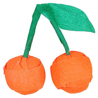 one pair of a cherry surprise ball made of bright red crepe paper with green crepe paper a stem and leaf