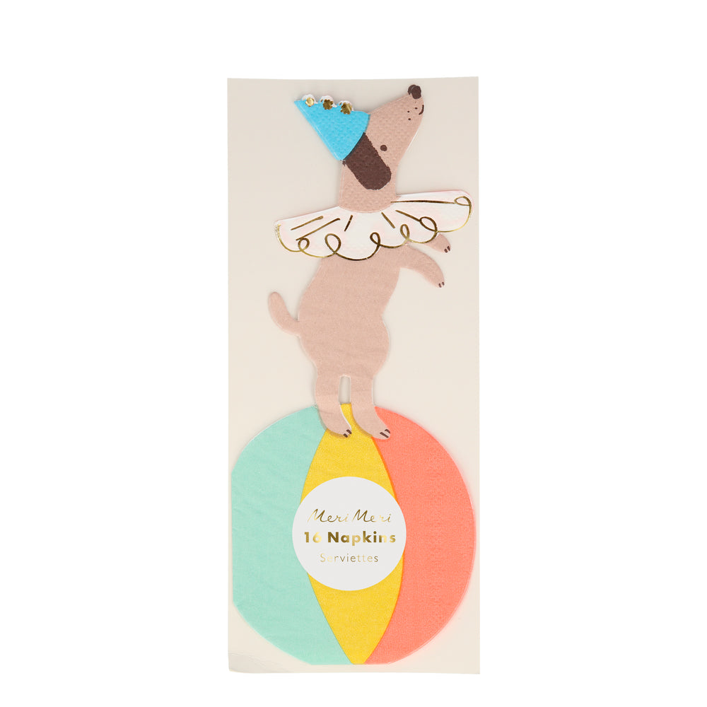 die-cut in the shape of a circus performer dog in package  of sixteen napkins